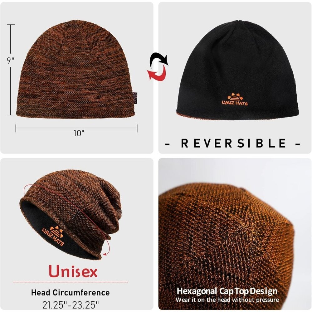 Men Dark Orange+black Lvaiz Fleece Lined Beanie Hat Windproof Winter Unisex - Picture 5 of 7